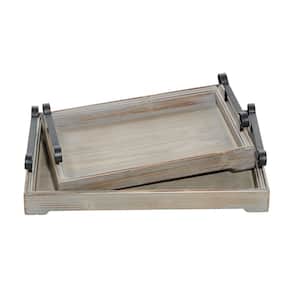 Beige Wood Decorative Tray with Metal Handles (Set of 2)