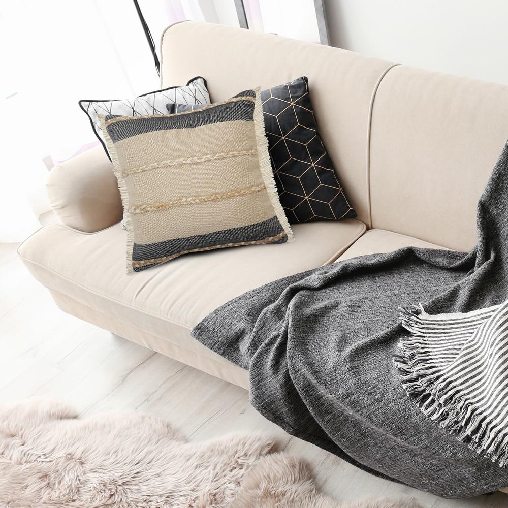 Atlantis Black and Taupe Jute Braided Square Throw Pillow