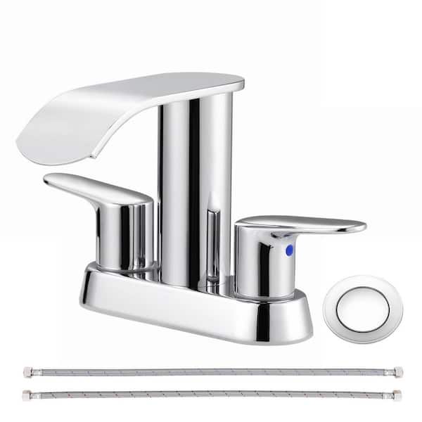 VEVETTA Waterfall 4 in. Centerset Double-Handle Bathroom Sink Faucet, Modern Faucet with Pop Up Drain in Polished Chrome