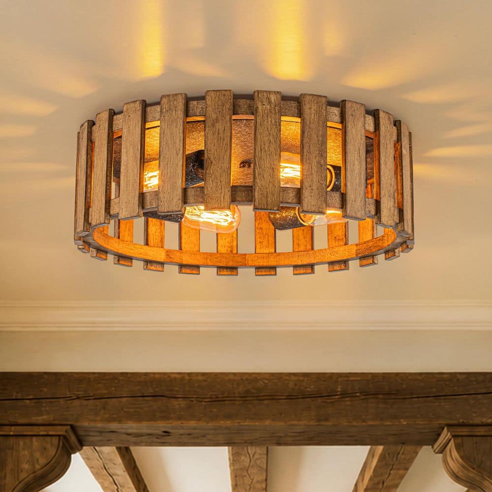 Lumme 16.9 in.W Rustic 4-Light Round Antique Brown Wood Slat Cage Flush Mount Round Ceiling Light for Farmhouse Kitchen price history on PriceWatchPro