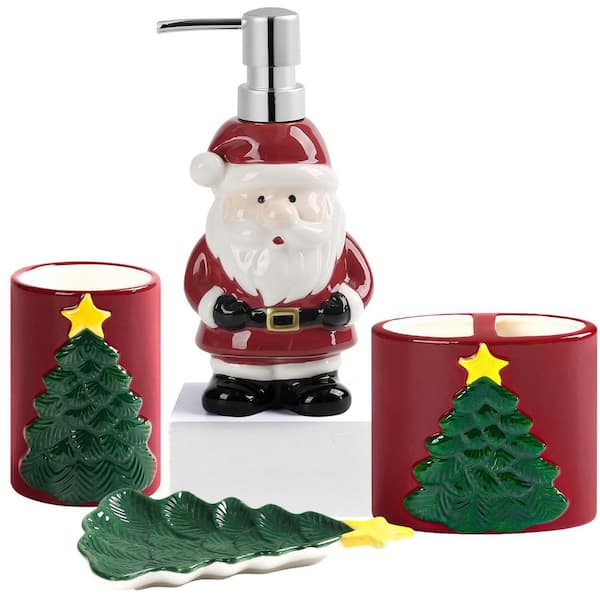 Merry Christmas 4-Piece Bath Accessory Set with Soap Dish, Dispenser, Toothbrush Holder and Tumbler in Red Retro Style