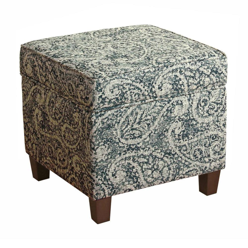 Paisley Blue and Gray Fabric Upholstered Storage Ottoman