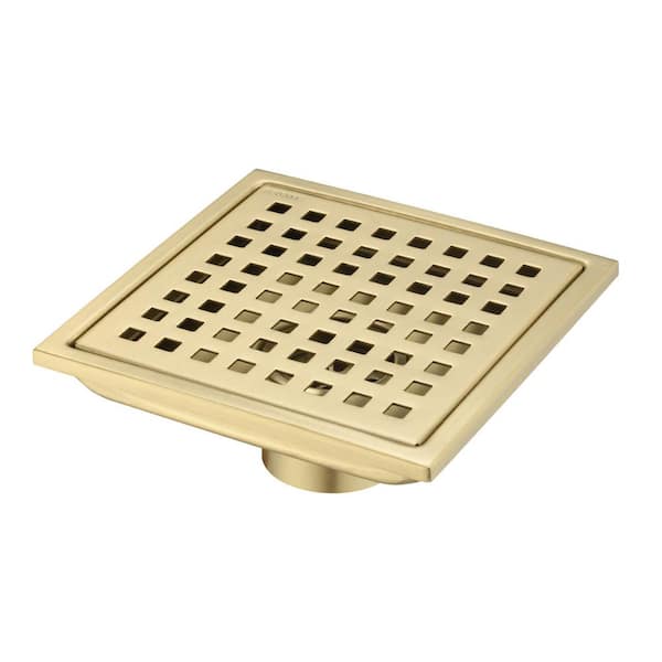 Flynama 6 in. x 6 in. Stainless Steel Square Shower Drain with Square Pattern Drain Cover in Brushed Gold
