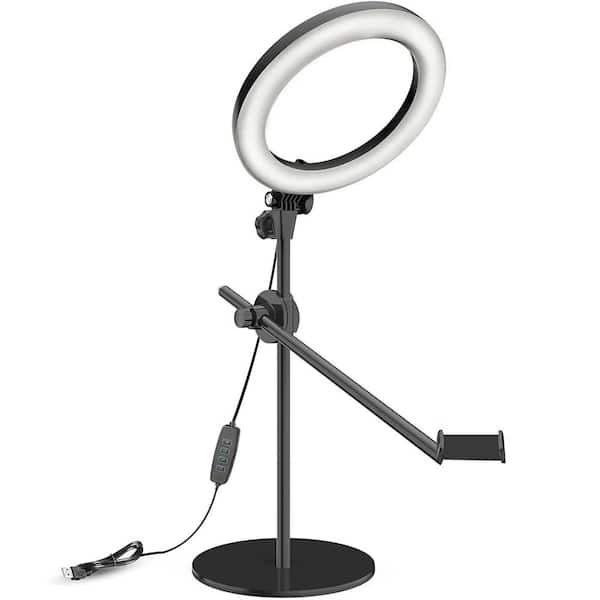 10.5 in. Black Ring Light with Overhead Camera Phone Mount Adjustable Stand for Video Recording Live Stream