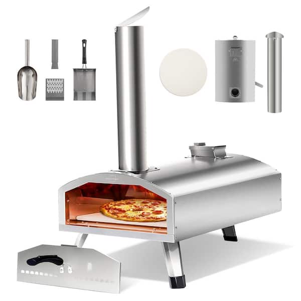 TUYOHW Wood Fired Outdoor Pizza Oven 12" with Pizza Stone, Silver Stainless Steel Portable Pizza Oven