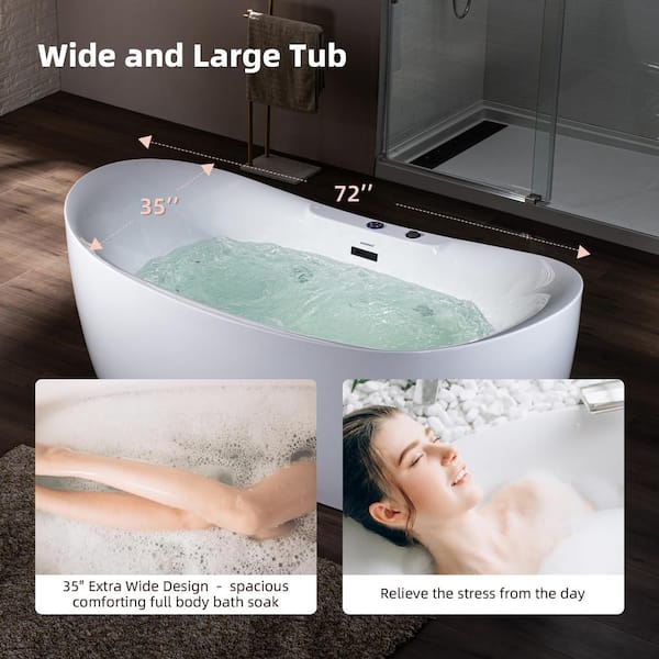 72 in. x 35 in. Acrylic Freestanding Whirlpool and Air Combination Heated Bathtub w/Drain and Overflow Included in White