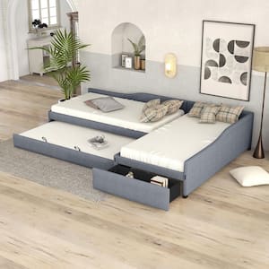 Gray Upholstered Double Twin Daybed with Trundle and Drawer