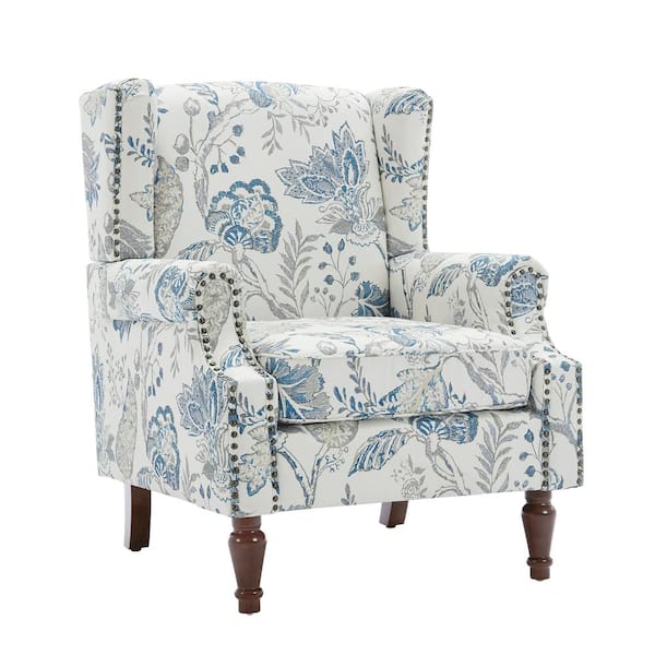 Uixe Retro Plants Blue Linen Nailhead Trim Upholstered High