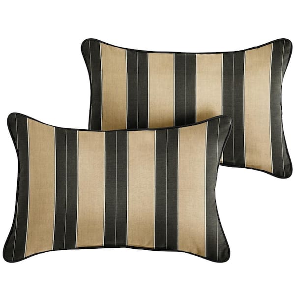 SORRA HOME Sunbrella Beige Black Stripe with Black Rectangular Outdoor Corded Lumbar Pillows (2-Pack)