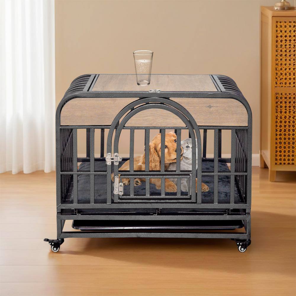 37-Inch Gray Rolling Heavy-Duty Dog Crate with Removable Trays