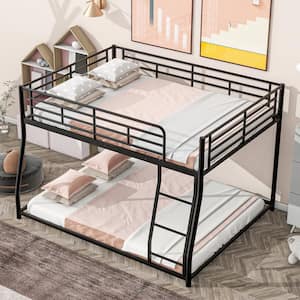 Black Full XL Over Queen Metal Bunk Bed with Inclined Ladder, Bottom Floor Bed, No Slats