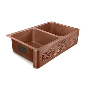 Ganku 36 in. Undermount Farmhouse Double Bowl 16 Gauge Antique Copper Kitchen Sink with Scroll