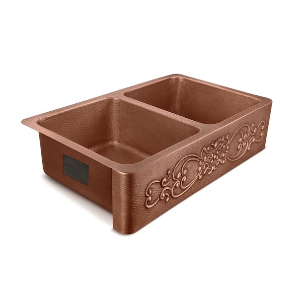 SINKOLOGY Renzen Farmhouse Apron-Front Handmade Copper 36 in. 50/50 Double Bowl Kitchen Sink in Antique Copper with Scroll Design