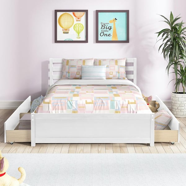 57 in. W White Pine Wood Frame Full Platform Bed Frame with Headboard, Wood Slats and 4 Drawers for Adults and Kids