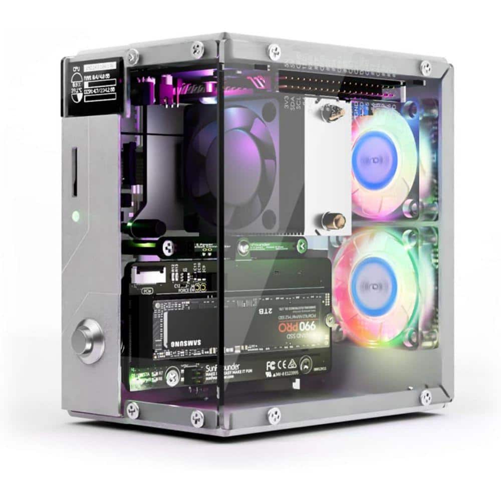 Mini PC Case for Raspberry Pi 5 with NVMe M.2 SSD Support, OLED Display, and RGB Lighting