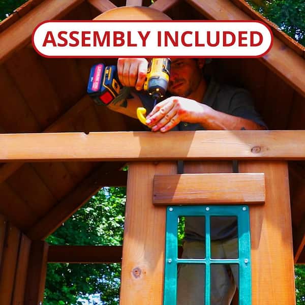 Professionally Assembled Knightsbridge Wooden Outdoor Playground Set with Slide, Rock Wall, Swing Set, and Accessories