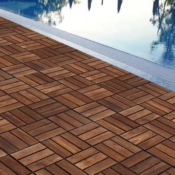12 in. x 12 in. Square Acacia Wood Interlocking Flooring Tiles Checker Pattern Pack of 10 Tiles Brown