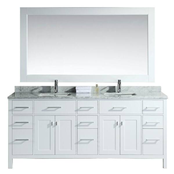 Design Element London 78 in. W x 22 in. D Double Vanity in White with Marble Vanity Top and Mirror in Carrara White
