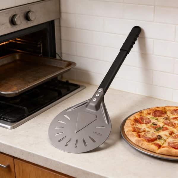 7.87 in. x 7.08 in. Aluminum Pizza Turning Peel with Perforated for Homemade Pizza and Oven Accessories (1-Pack)
