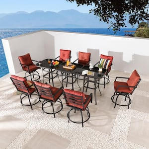 11-Piece Metal Bar Height Outdoor Dining Set with Red Cushions
