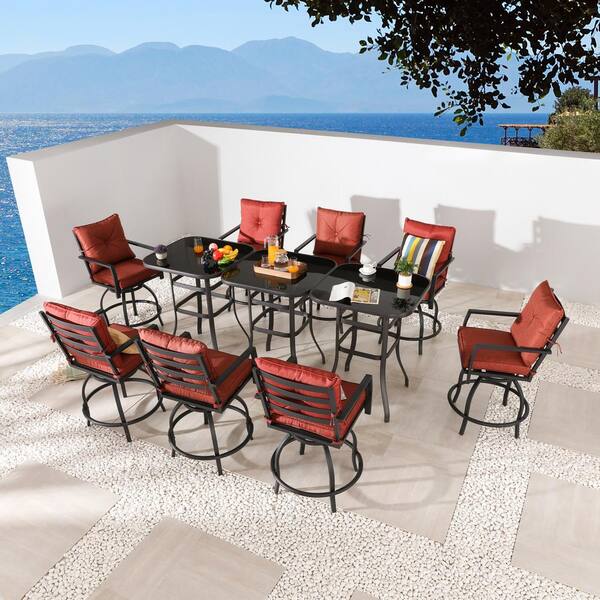 Patio Festival 11-Piece Metal Bar Height Outdoor Dining Set with Red Cushions