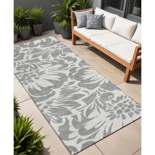 2' X 8' Gray And Ivory Floral Indoor Outdoor Area Rug 2' X 8' Gray And Ivory Floral Indoor Outdoor Area Rug