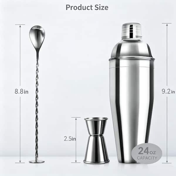 Numhew Silver 3-Piece 24 oz. Stainless Steel Cocktail Shaker Set with Built-in Strainer, Measuring Jigger and Mixing Spoon T2D7W2A8