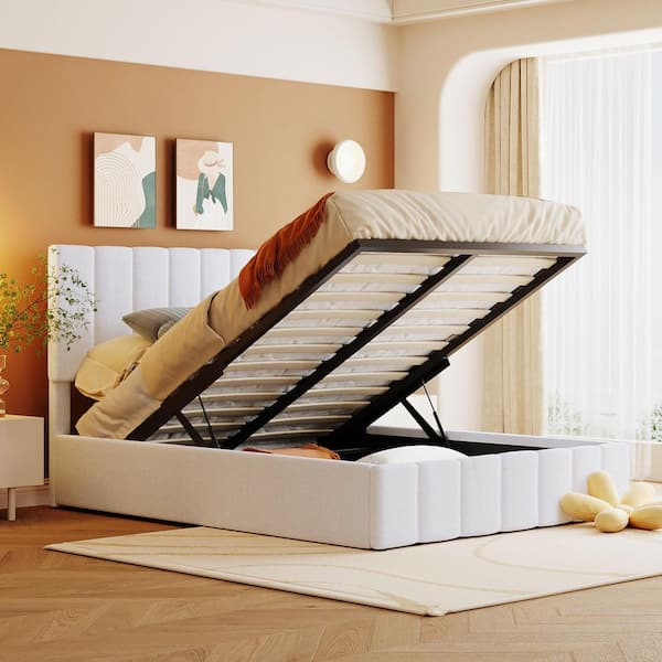 Harper & Bright Designs White Wood Frame Full Size Upholstered Platform Bed with a Hydraulic Storage System