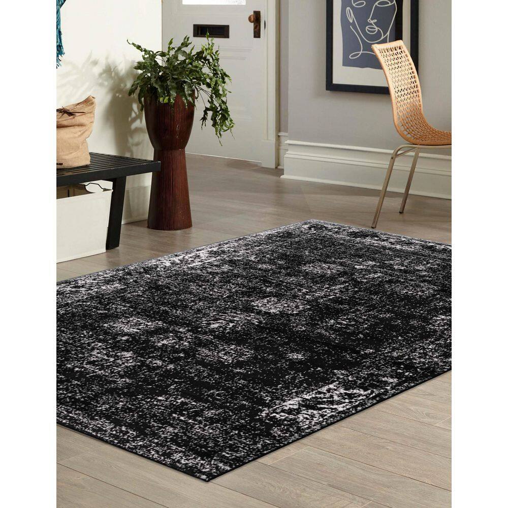 Black Rectangular Stain-Resistant Synthetic Area Rug
