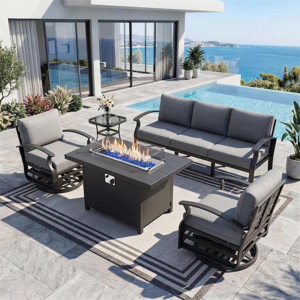 5-Piece Aluminum Patio Conversation Set with armrest, Firepit Table, Swivel Rocking Chairs and Grey Cushions