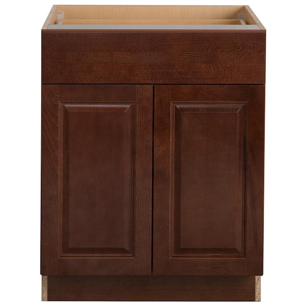 Hampton Bay Benton Assembled 27x34.5x24 in. Base Cabinet with Soft Close Full Extension Drawer in Amber