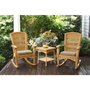 Portside Plantation 3-Piece Amber Wicker Outdoor Rocking Chair Set with Patio Side Table and Plush Tan Cushion