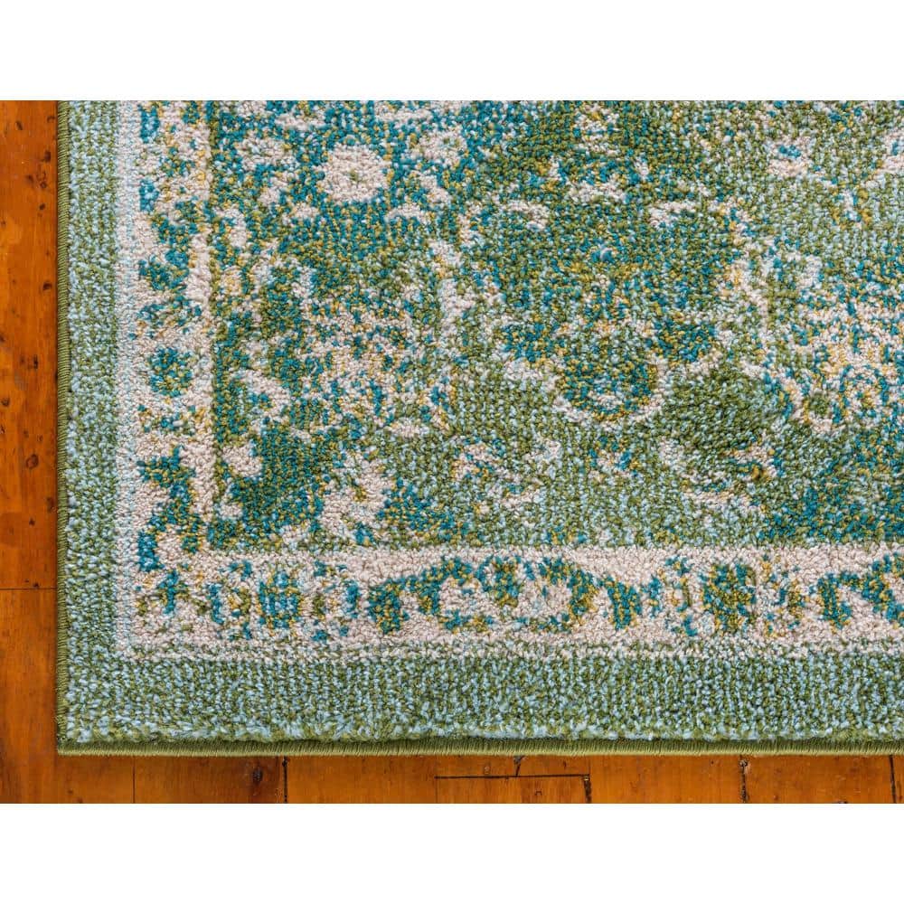 Green and Beige Synthetic Runner Rug with Traditional Design