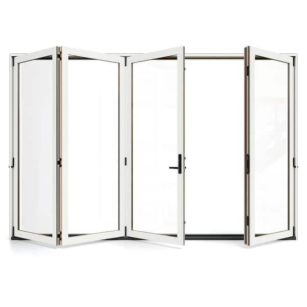 JELD-WEN W5500 124 in. x 96 in. Modern White Right Hand/Outswing Aluminum Clad Wood 4-Panel Prehung Folding Patio Door