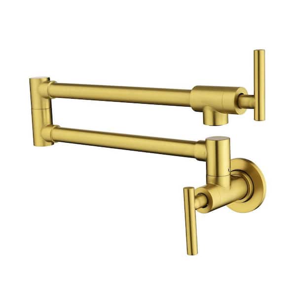 Wall Mounted Folding Pot Filler with Double-Handle Brass Stretchable Kitchen Sink Faucet in Brushed Gold