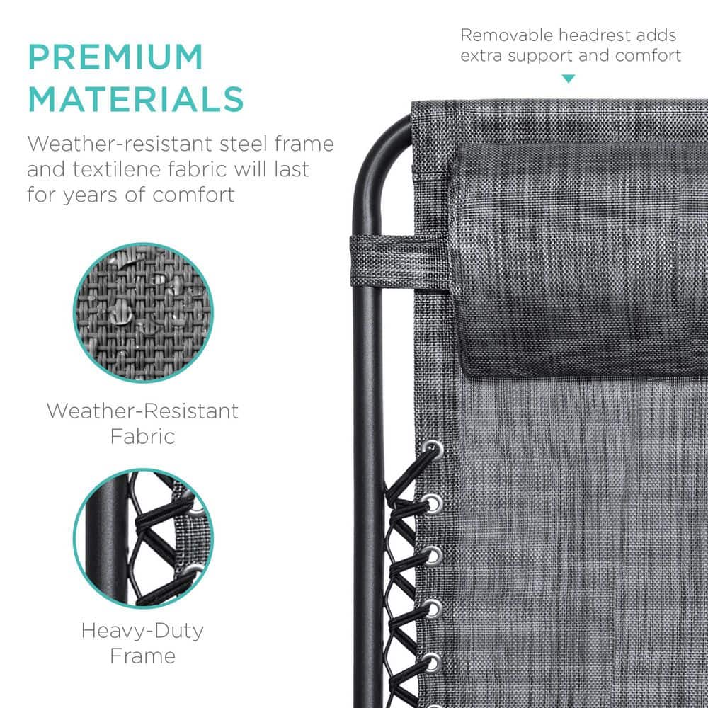 Set of 2 Gray Zero Gravity Patio Loungers with Cup Holder Trays