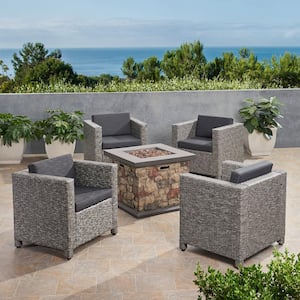 Wentz Mixed Black 5-Piece Wood Patio Fire Pit Seating Set with Dark Grey Cushions