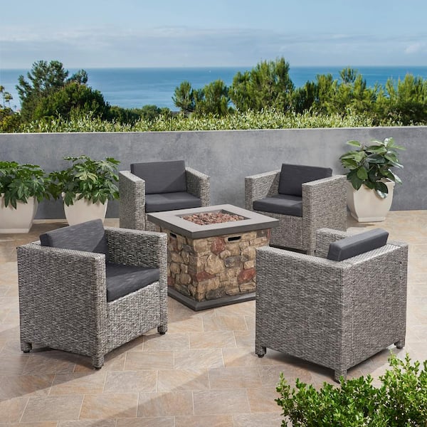 Noble House Wentz Mixed Black 5-Piece Wood Patio Fire Pit Seating Set with Dark Grey Cushions