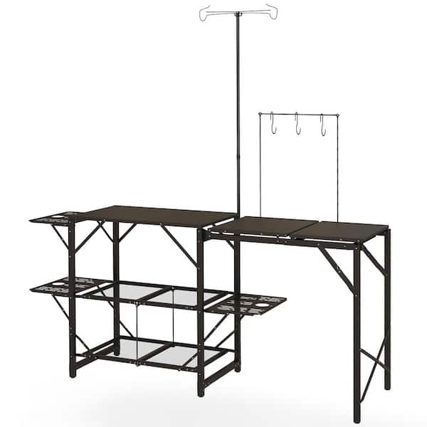 Zeus & Ruta 68.5 in. Black Rectangular Iron Picnic Table with Lantern Holder, Hooks and Carrying Bag for Outdoor, Picnic and BBQ