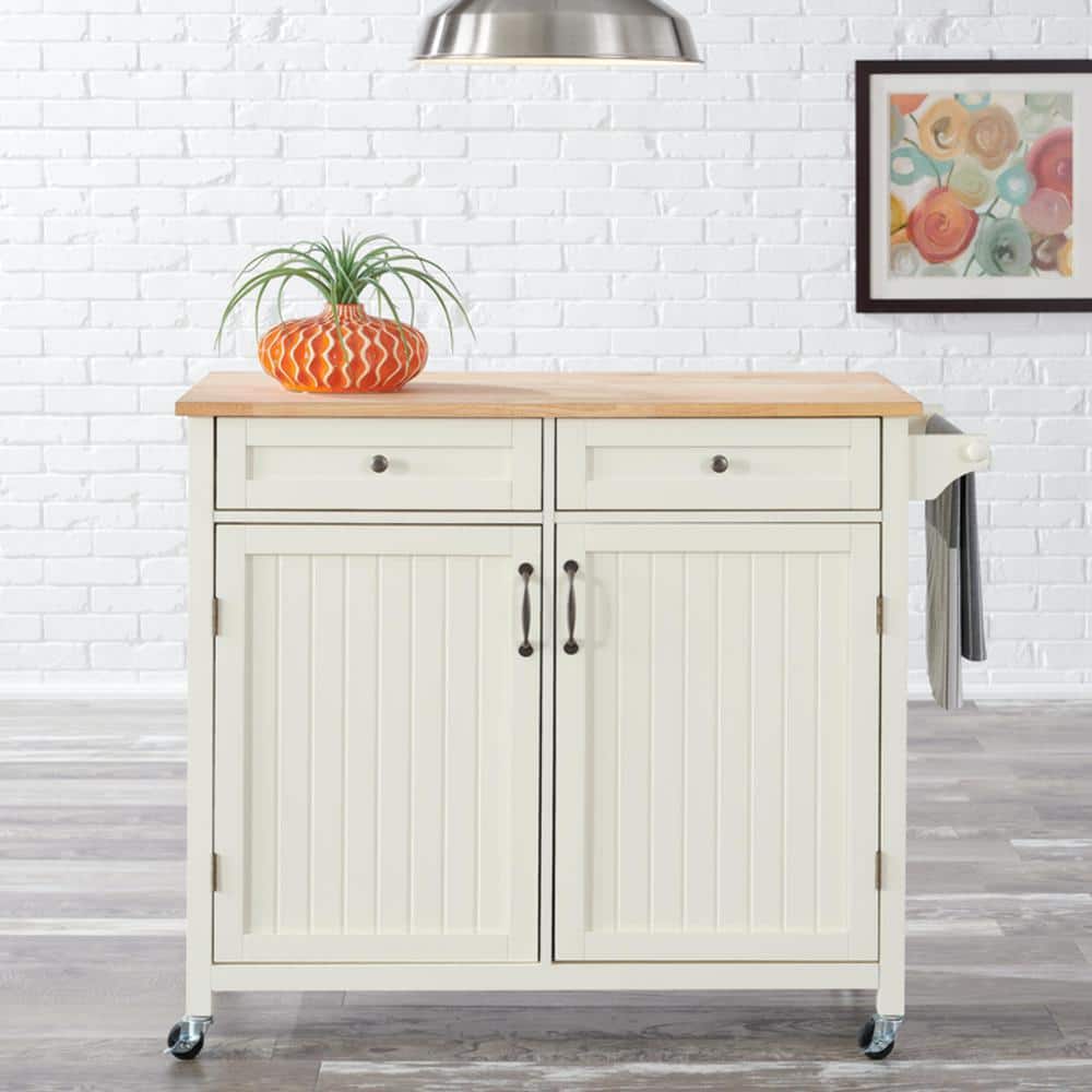StyleWell Bainport Ivory with Butcher Block Top Wooden Rolling Kitchen Cart  and Double-Drawer Storage (44