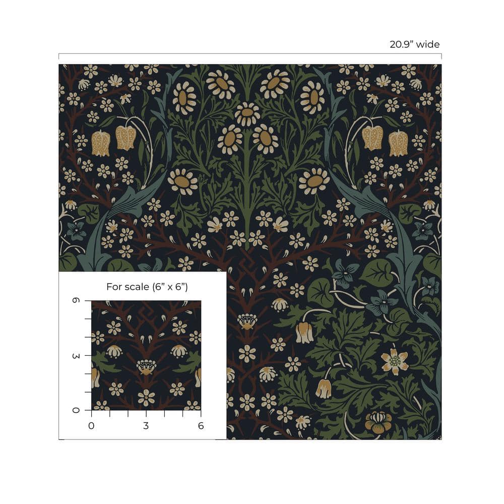 Midnight Blue & Evergreen Victorian Garden Floral Wallpaper