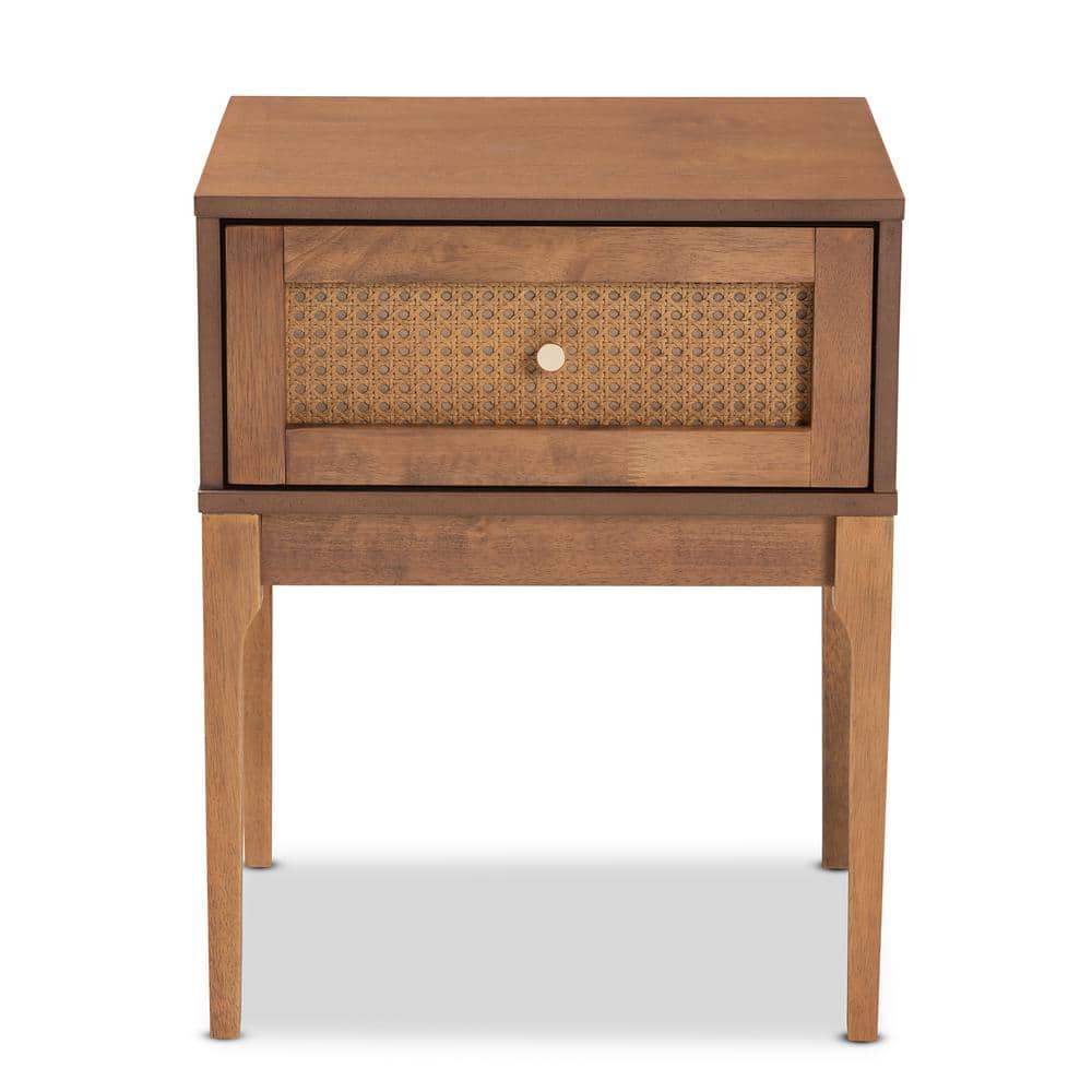 Ramiel Ash Walnut Wood and Rattan 1-Drawer Nightstand