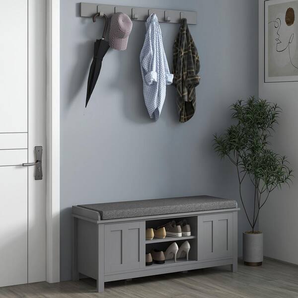 HOMCOM Grey Entryway Shoe Storage Bench Ottoman with Sliding Doors Hold 10 Pairs Shoes and Adjustable Shelving 837 113V80GY The Home Depot