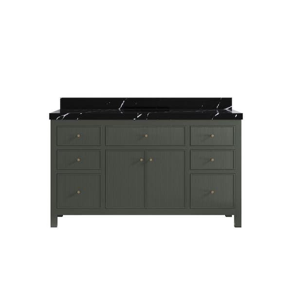 Willow Collections Sonoma 60 in. Single Sink Freestanding Pewter Green Bath Vanity with Calacatta Black Quartz Top Unassembled