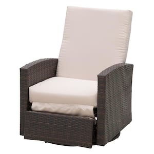 Plastic Rattan Swivel Outdoor Recliner Lounge Chair with Light Beige Cushions Water/UV Fighting Material and Comfort