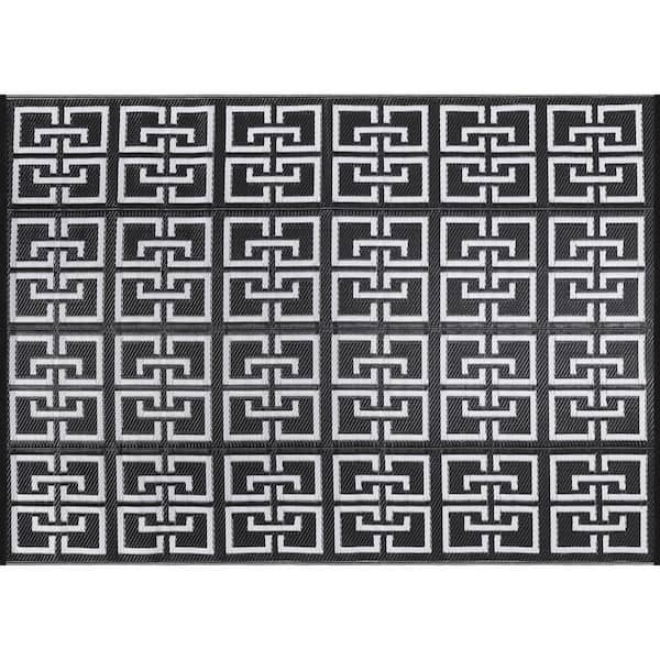 9 X 12 Black White Lightweight Greek Keys Reversible Plastic Indoor Outdoor Area Rug