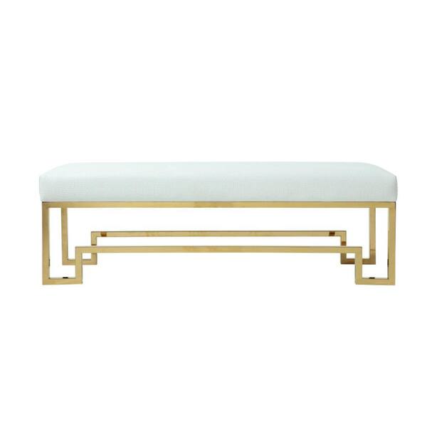 Benjara 18 in. H White and Gold Rectangular Faux Leather Upholstered Bench with Stainless Steel Base