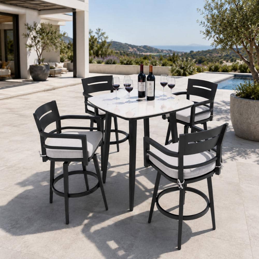 5-Piece Aluminum 41.7 in. Outdoor Bar Set with Swivel Chairs and Sunbrella Cushion and Umbrella Hole price history on PriceWatchPro