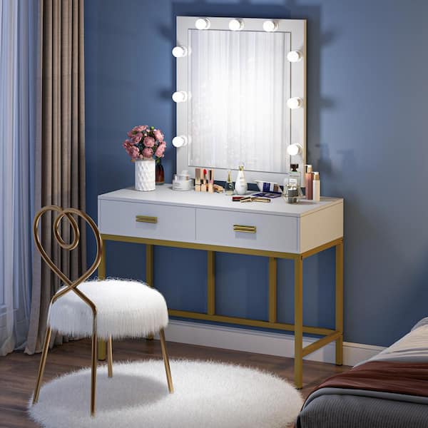 Gold Bedroom Vanity Table, Tribesigns Dressing Vanity Table Set Makeup Lighted Desk With Mirror And Drawer