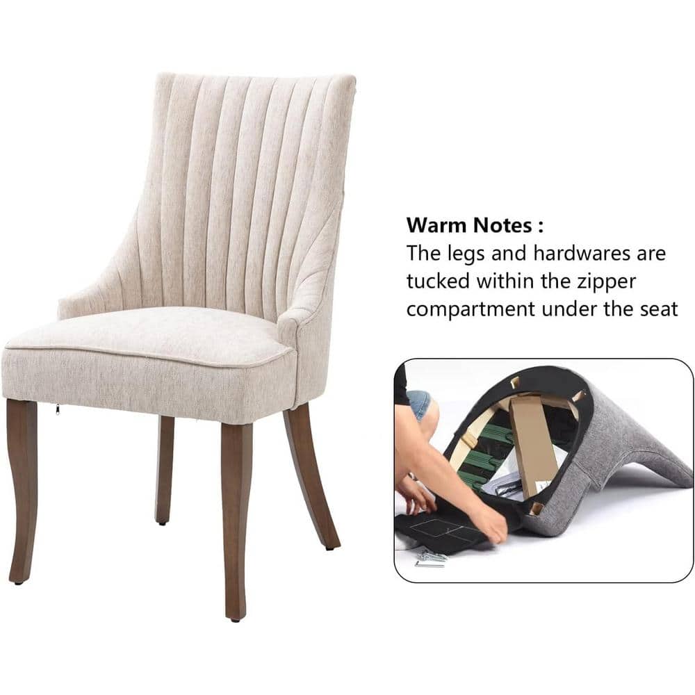 Beige High Back Linen Upholstered Side Chair with Wood Legs